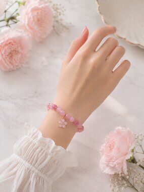 Pink Rose Quarts & Glass Beads Handmade Stretchy Beaded Bracelet with Charm